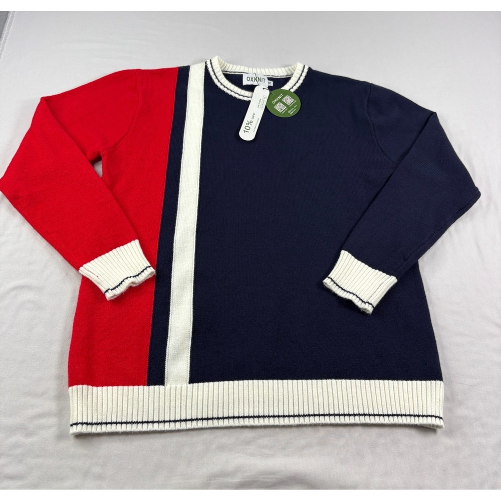 Oxknit Sweater Mens XL Blue Red Colorblock Pullover Stretch Slim Fit Crew Neck